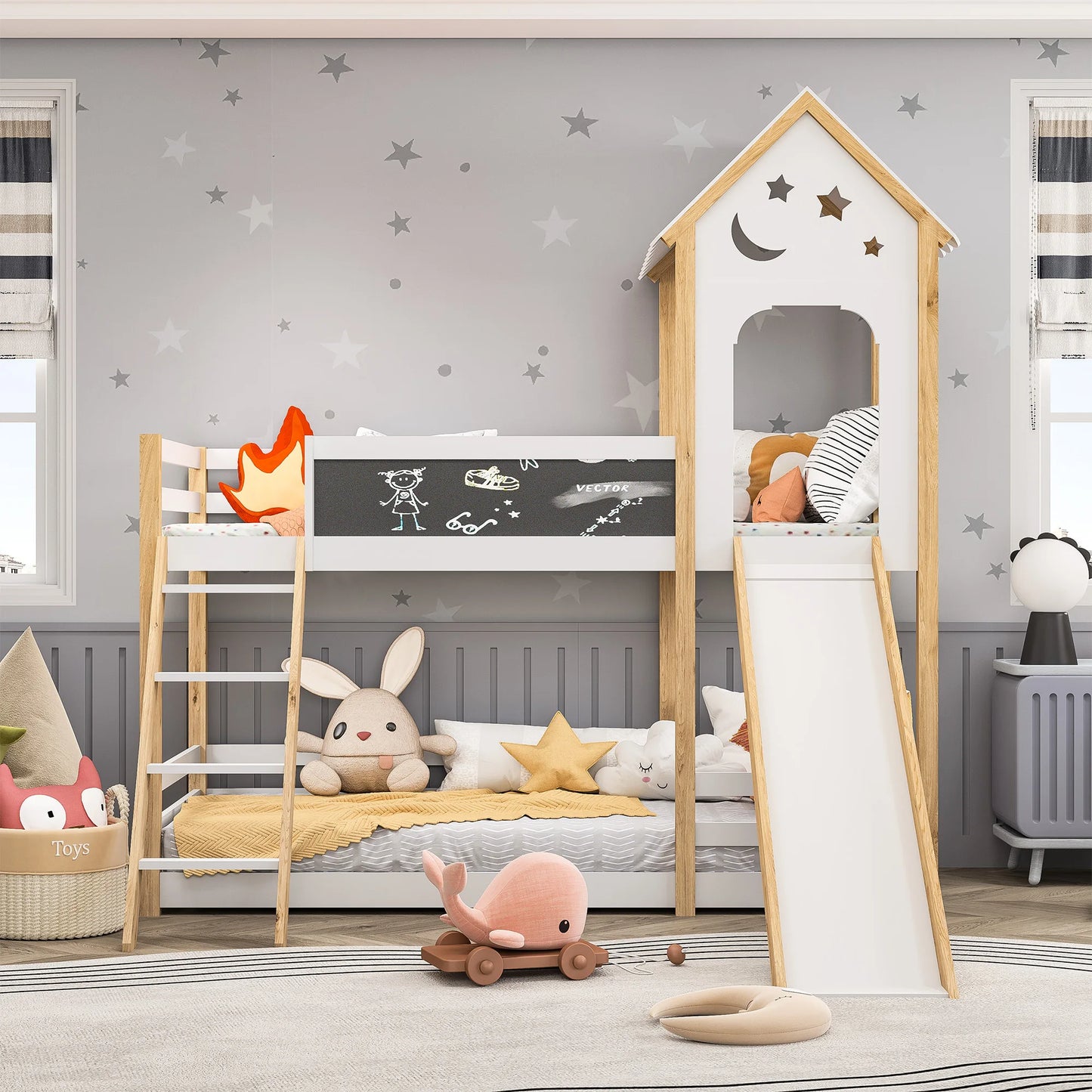 Bunk Bed, Children's Bed, Solid Wood Bed,with Stairs and Blackboard, White Wooden Bed with Slide for Children, 90 x 200 cm