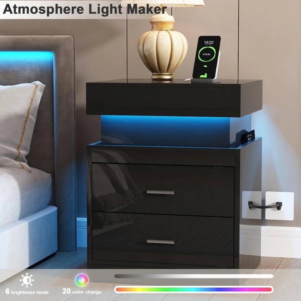 LED Nightstand with Charging Station,Smart Night Stand with Sliding Top Storage, 2-Drawers High Gloss Bedside Table