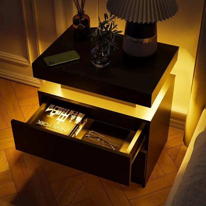 Nightstand LED Bedside Table Cabinet Lights Modern End Side with 2 Drawers for Bedroom