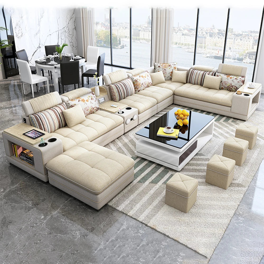 Nordic Fabric Sofa Set with Bluetooth Speaker & USB - Modern Living Room Modular Sofas Big U Shape Corner Cloth Couch