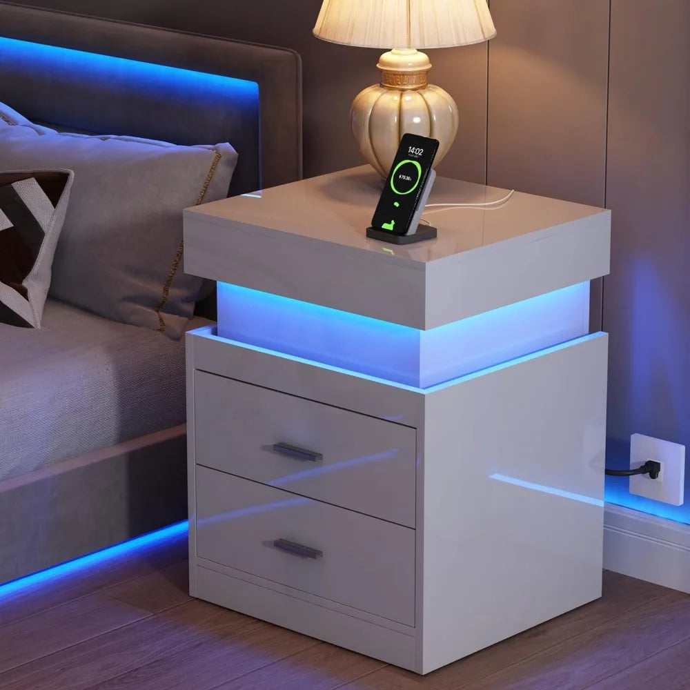 LED Nightstand with Charging Station,Smart Night Stand with Sliding Top Storage, 2-Drawers High Gloss Bedside Table