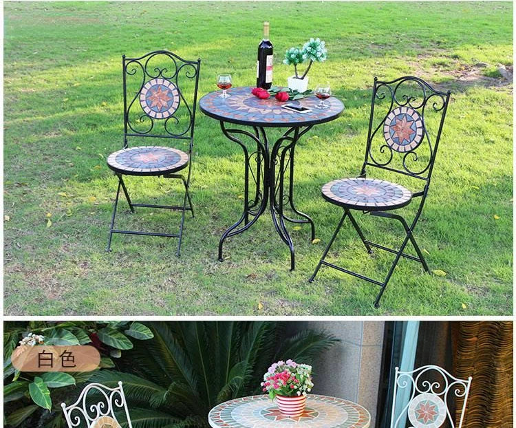 Outdoor Balcony Table and Chair Mosaic Iron Three-Piece Set Outdoor Courtyard Garden Furniture Lightweight Folding Armchair