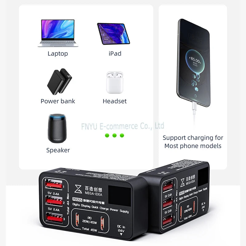 Quick Charge Power Supply QIANLI MEGA-IDEA P605S 5-port Intelligent Fast Charging 60W LED Digits Display Charging Tool