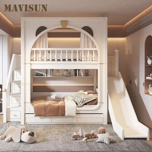 Cute White Boy And Girl Kid Bed For 5 To 8 Yeas Old Children Large Storage Space Solid Wood Bedroom Furniture Modern Bunk Bed