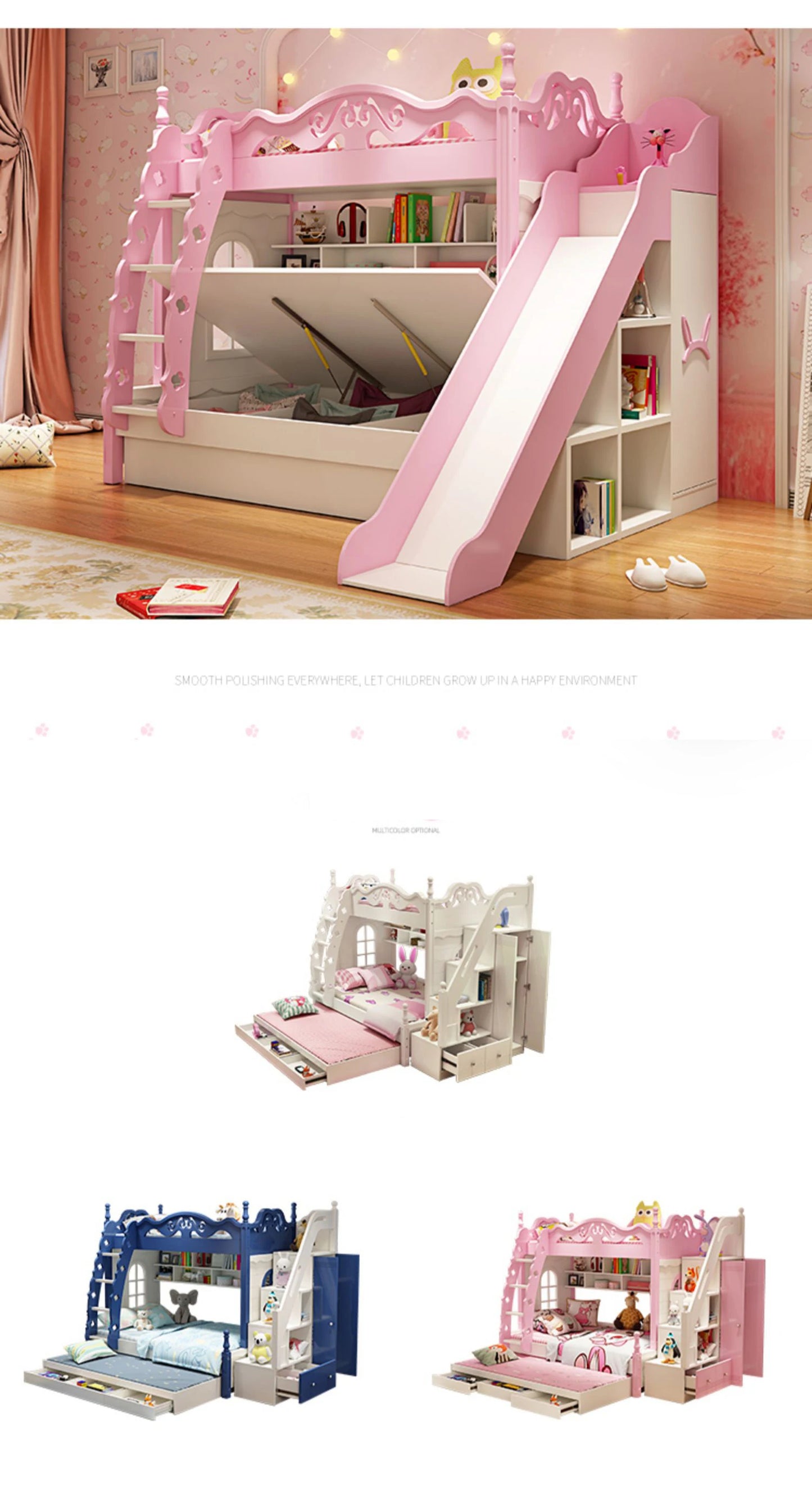 Lovely Girl Kids Princess Bunk Bed In Pink Solid Wood High And Low Bed Adult Child Mother Bed Multi-Functional Children's Bed