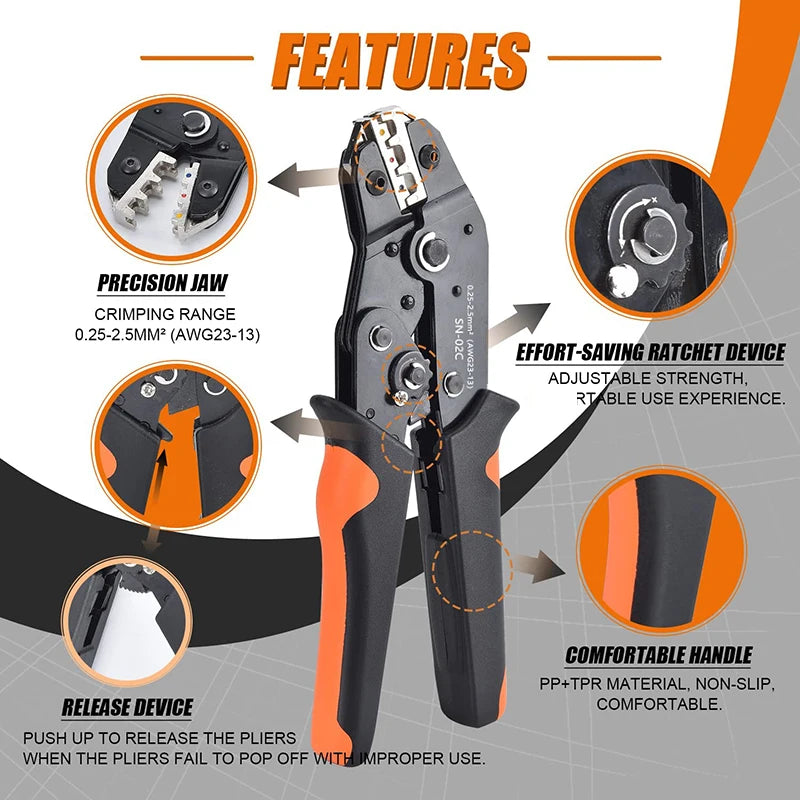 SN-02C Wire Crimping Tool Kit AWG 23-13 280PCS Insulated Wire Electrical Connectors-Butt, Ring, Spade, Cable Lugs Wire Crimp Set