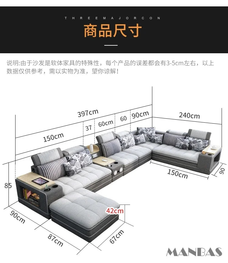 Nordic Fabric Sofa Set with Bluetooth Speaker & USB - Modern Living Room Modular Sofas Big U Shape Corner Cloth Couch