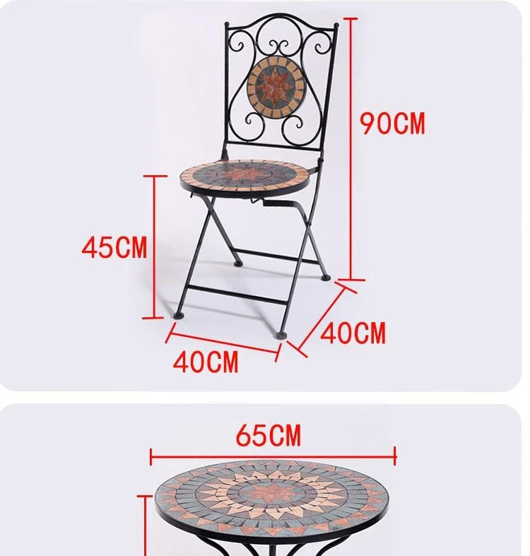 Outdoor Balcony Table and Chair Mosaic Iron Three-Piece Set Outdoor Courtyard Garden Furniture Lightweight Folding Armchair