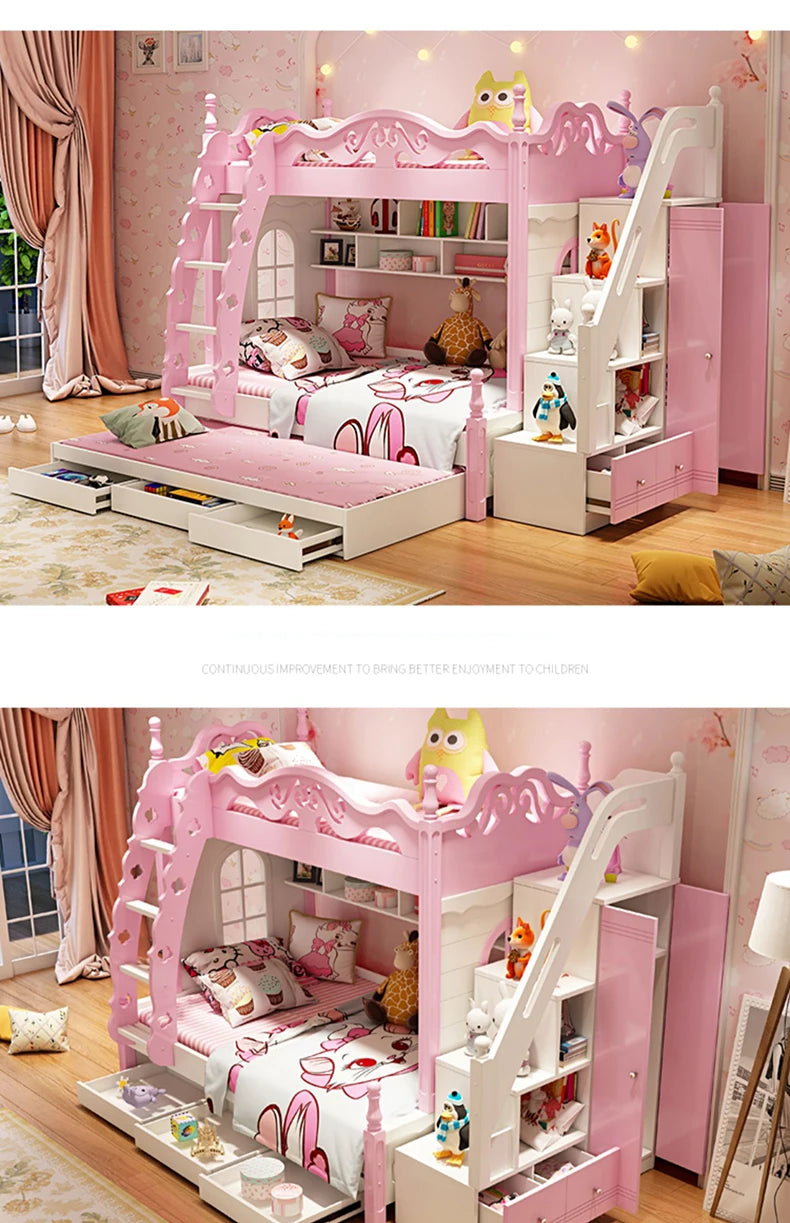 Lovely Girl Kids Princess Bunk Bed In Pink Solid Wood High And Low Bed Adult Child Mother Bed Multi-Functional Children's Bed