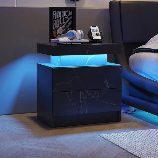 Nightstand LED Bedside Table Cabinet Lights Modern End Side with 2 Drawers for Bedroom