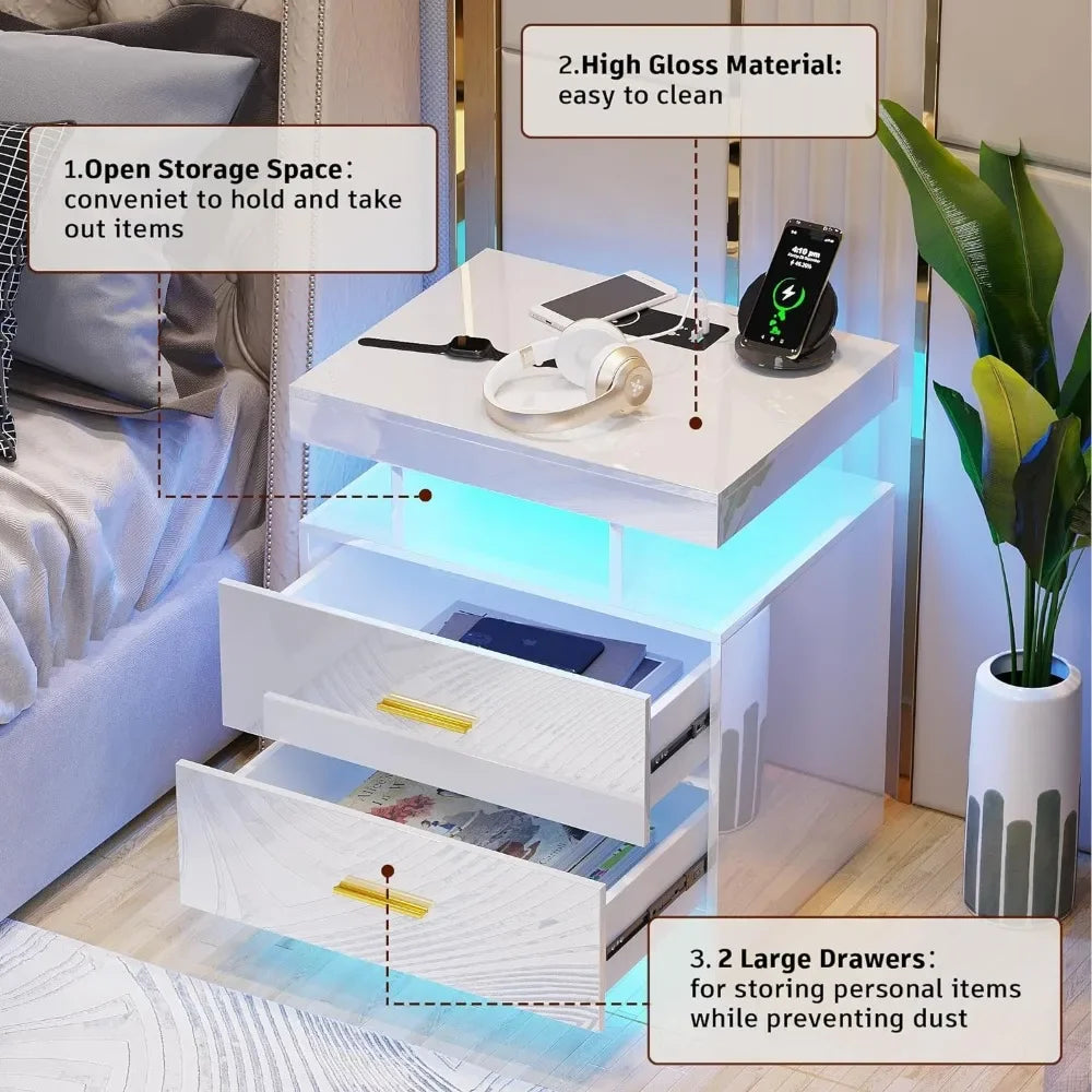 LED Nightstands with Charging Station, High Gloss Night Stand with Human Sensor, Bedside Tables with 2 Drawers, Nightstand，White