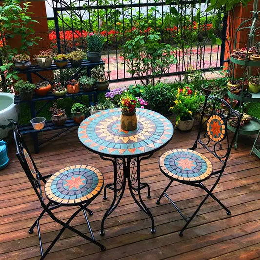 Outdoor Balcony Table and Chair Mosaic Iron Three-Piece Set Outdoor Courtyard Garden Furniture Lightweight Folding Armchair