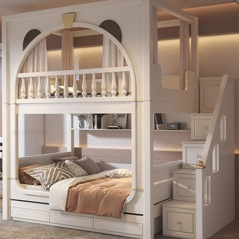 Cute White Boy And Girl Kid Bed For 5 To 8 Yeas Old Children Large Storage Space Solid Wood Bedroom Furniture Modern Bunk Bed