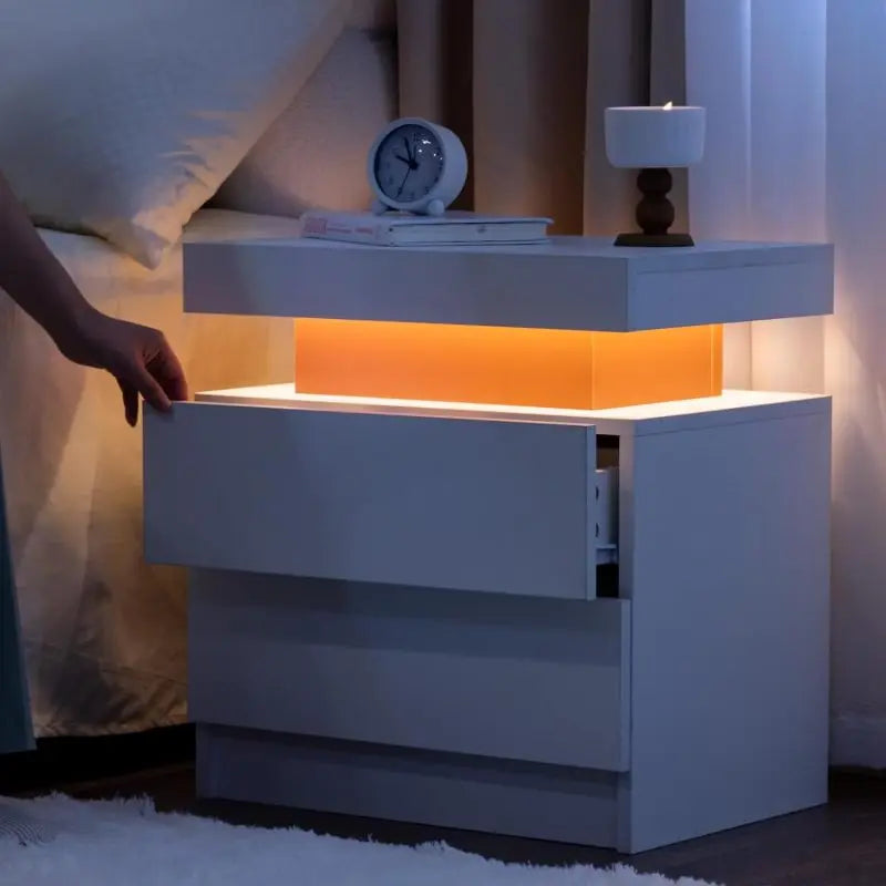 Nightstand LED Bedside Table Cabinet Lights Modern End Side with 2 Drawers for Bedroom