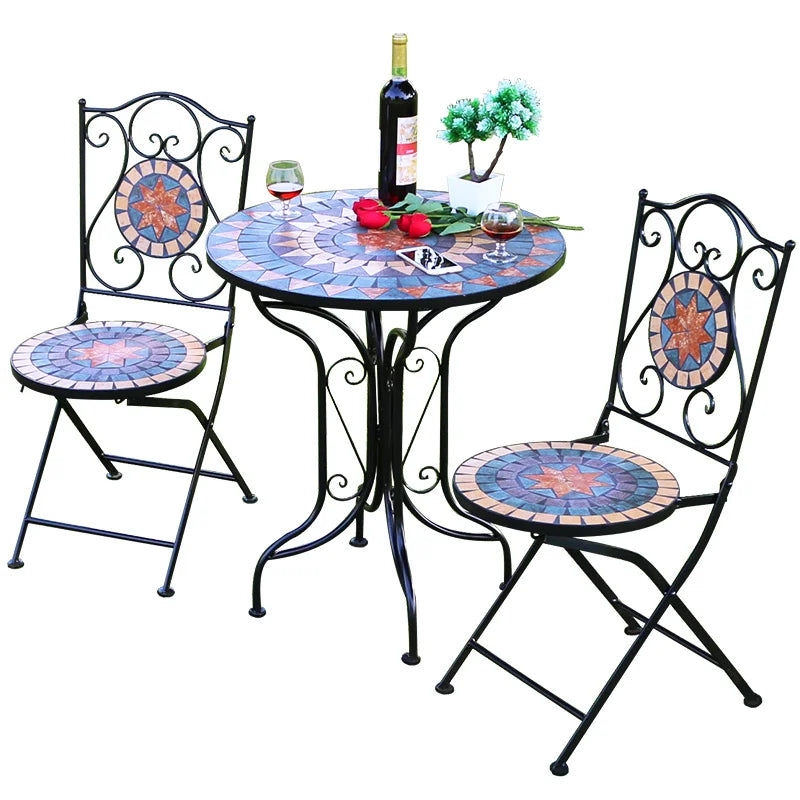 Outdoor Balcony Table and Chair Mosaic Iron Three-Piece Set Outdoor Courtyard Garden Furniture Lightweight Folding Armchair