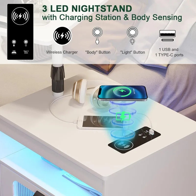 Nightstand with Wireless Charging Station, LED Nightstand Has Adjustable Rotary Workstation,Smart Night Stand with 2 Drawers,