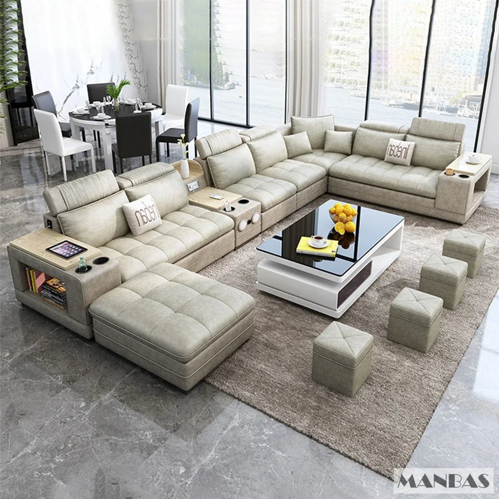 Nordic Fabric Sofa Set with Bluetooth Speaker & USB - Modern Living Room Modular Sofas Big U Shape Corner Cloth Couch