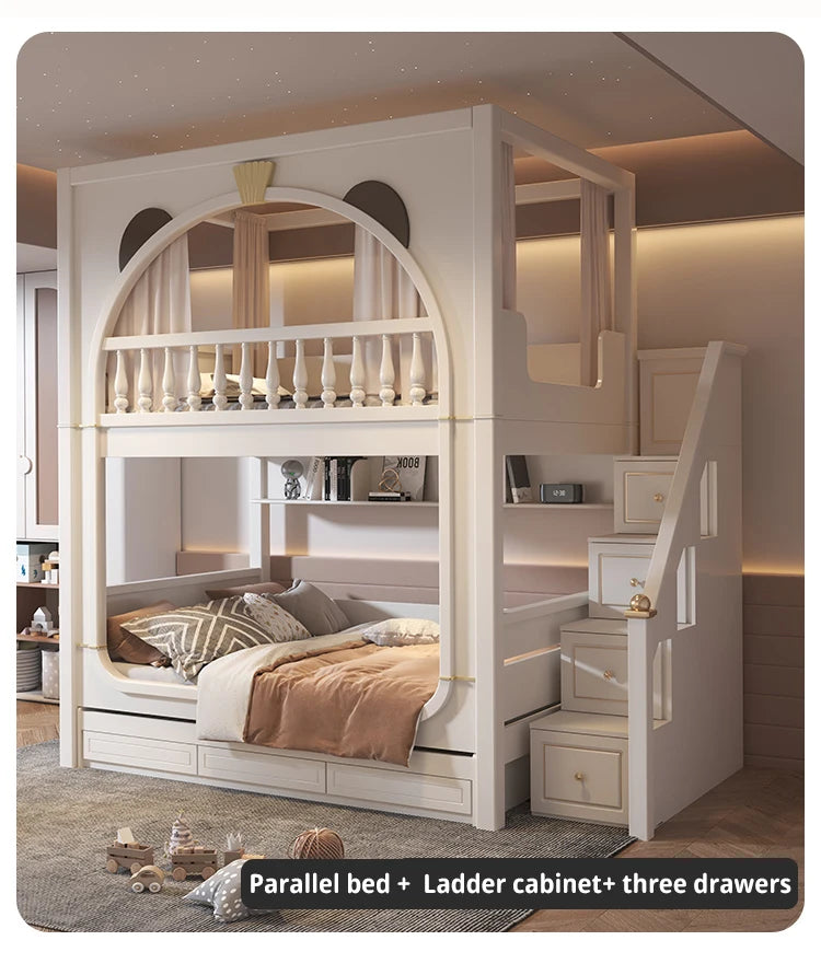 Cute White Boy And Girl Kid Bed For 5 To 8 Yeas Old Children Large Storage Space Solid Wood Bedroom Furniture Modern Bunk Bed