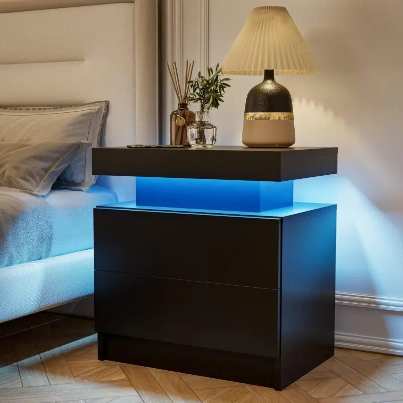 Nightstand LED Bedside Table Cabinet Lights Modern End Side with 2 Drawers for Bedroom