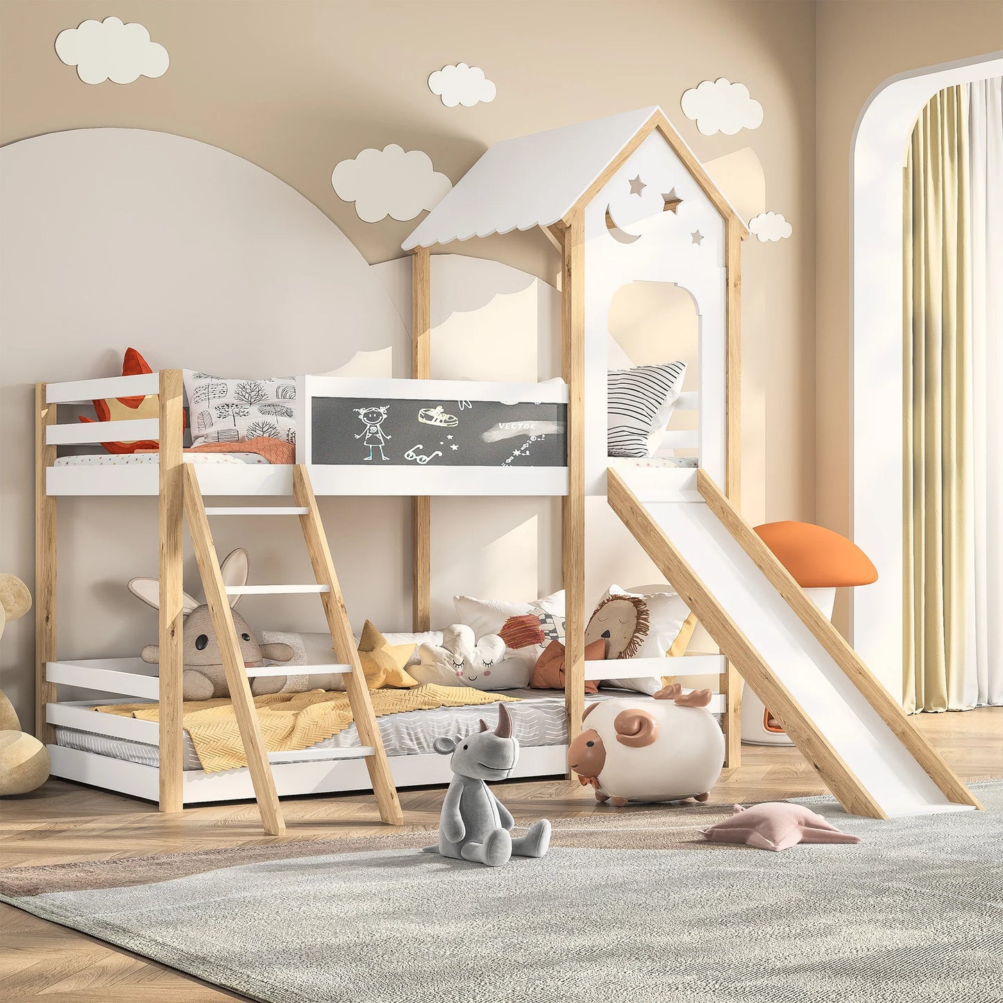 Bunk Bed, Children's Bed, Solid Wood Bed,with Stairs and Blackboard, White Wooden Bed with Slide for Children, 90 x 200 cm