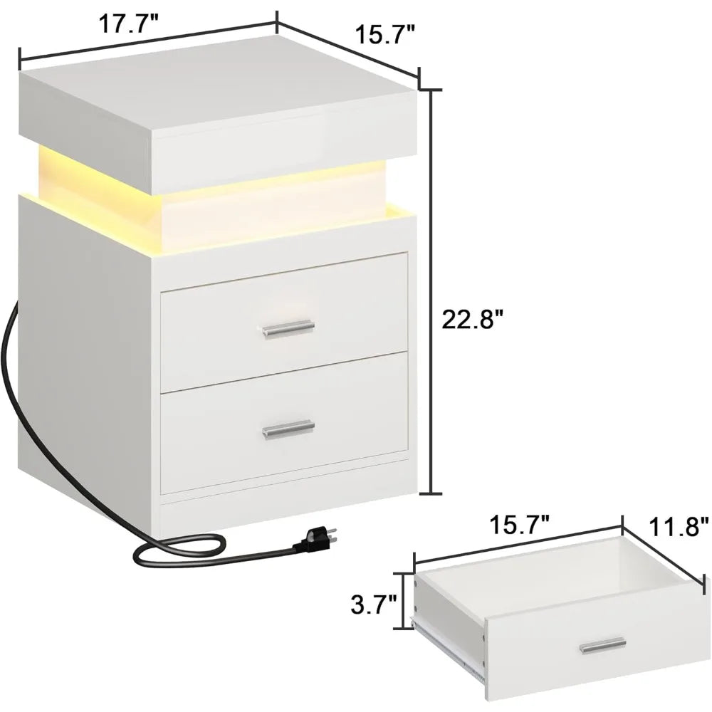 LED Nightstand with Charging Station,Smart Night Stand with Sliding Top Storage, 2-Drawers High Gloss Bedside Table