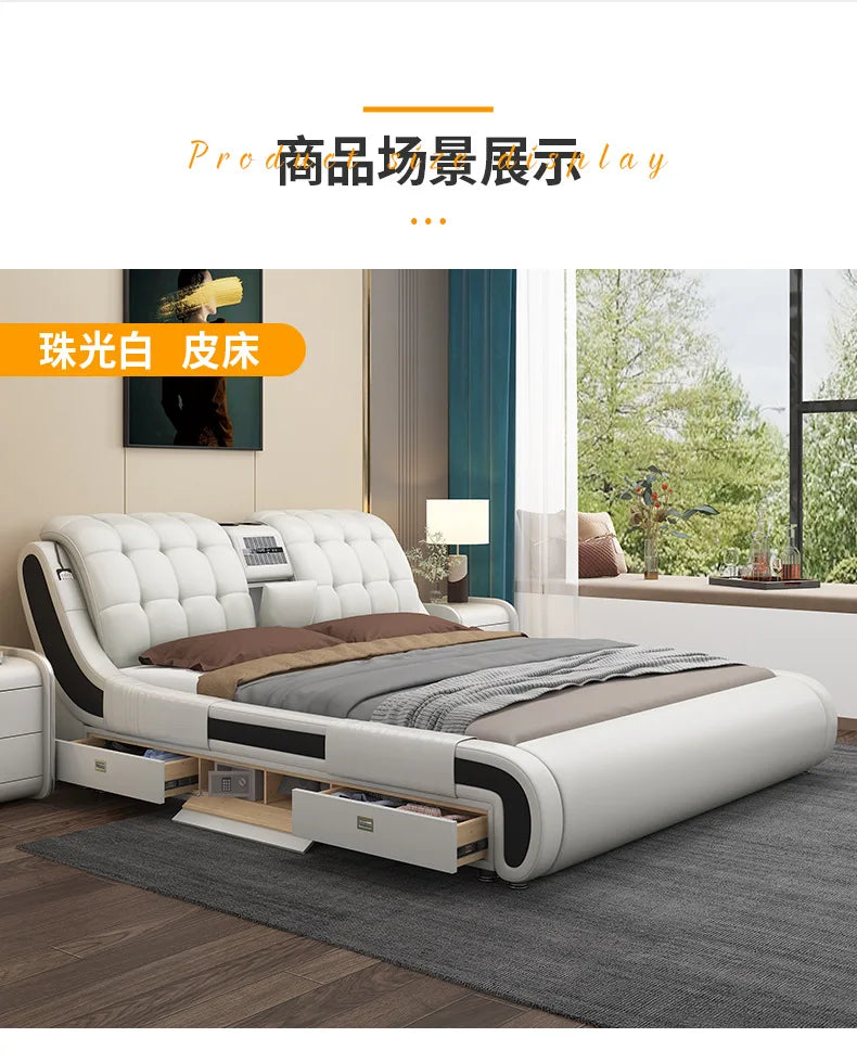 Leather Princess Drawers Bed Modern Wooden Storage Floor King Size Bed Smart Double Muebles Para Dormitorio Nordic Furniture