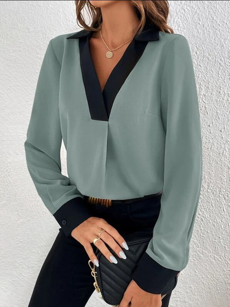 Women's shirt V-collar Contrast Color Casual Shirt