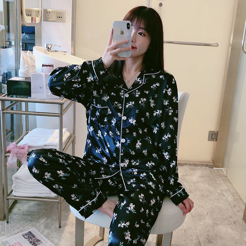 Woman pajamas Sweet Luxury 5050 Artificial Silk Lapel Long Sleeve Trousers Home Wear Two-piece Suit