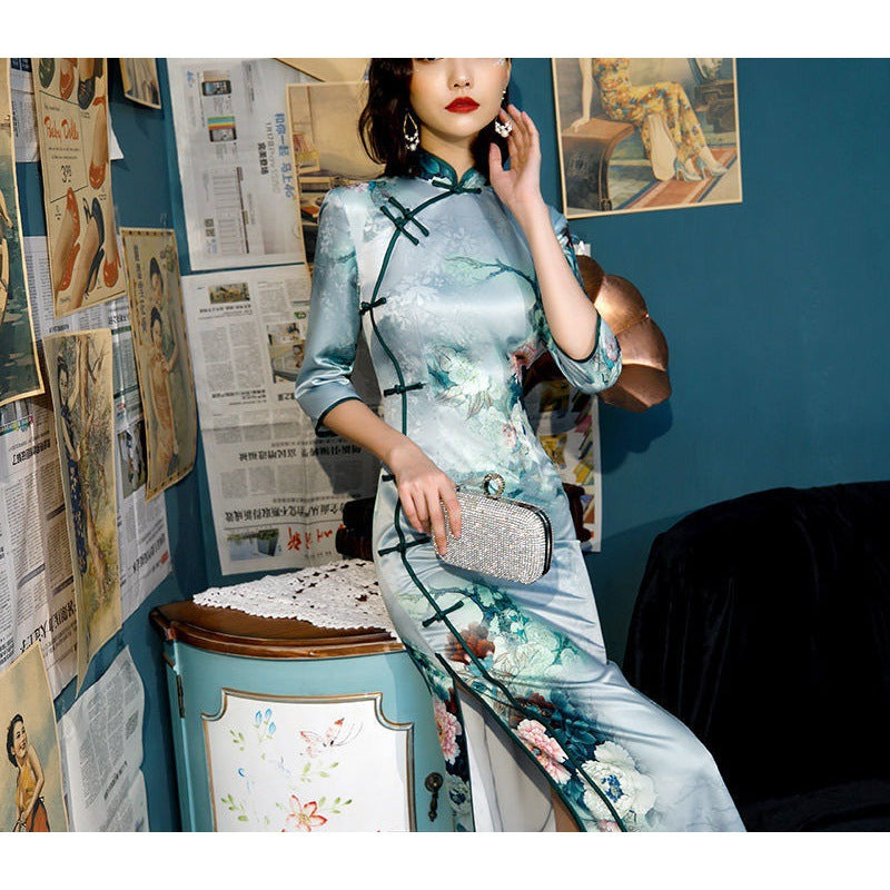 Republic Of China Style Three-quarter Sleeve Double-layer Silk Cheongsam Dress