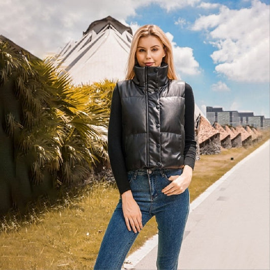 Women Polyester Cotton-padded Jacket Vest Sleeveless Stand Collar Vest Top