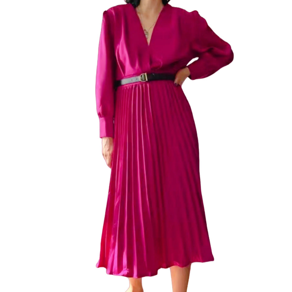 Women's V-neck Long Sleeve Solid Color Pleated Waist Dress