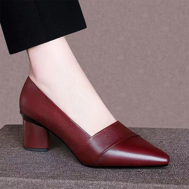 Genuine Leather women shoes Thick Heel Single Shoes Women Mid-heel Pointed Toe Women's Shoes Pumps Double Brown