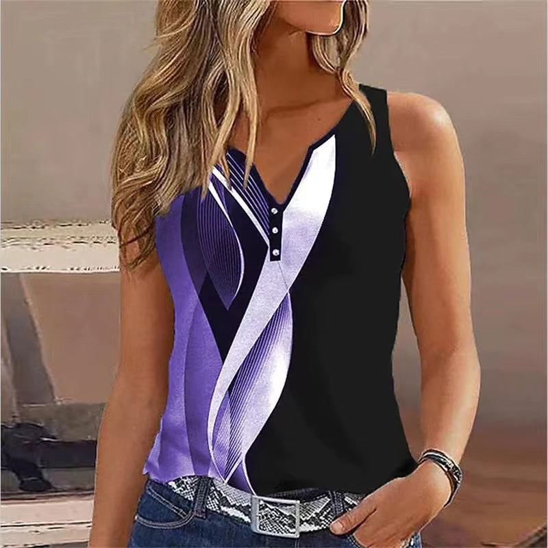 Woman top European And American V-neck Abstract Printing Sleeveless Vest Top