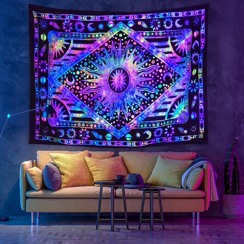 Fluorescent UV Light Seven Stars Bohemian Landscape Moon Phase Wall Hanging