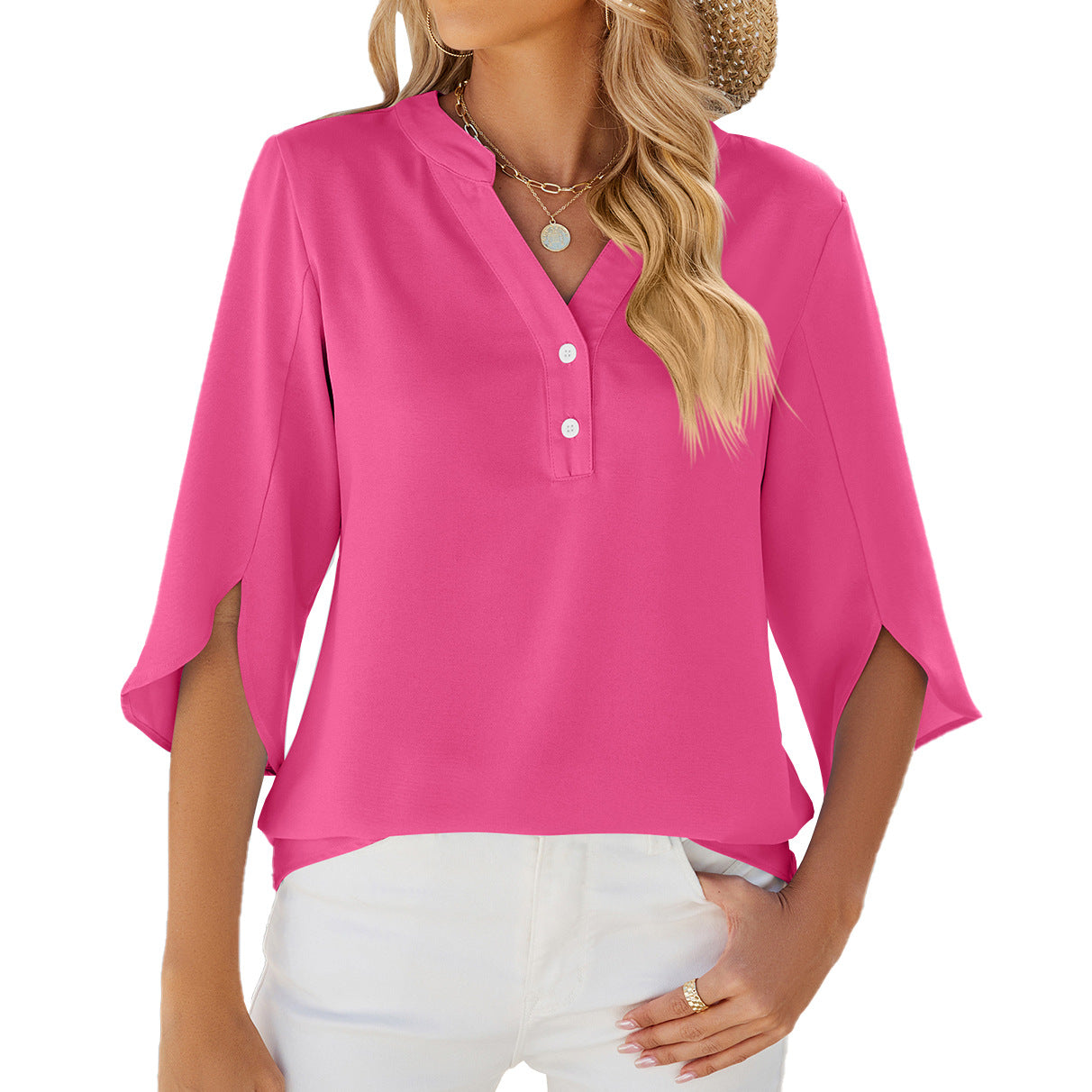 Button V-neck Mid-sleeve Chiffon Shirt Solid Color Top Womens Clothing