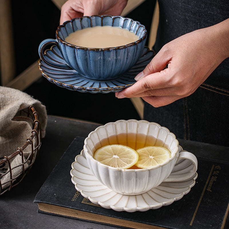 Japanese Ceramic Coffee Cup And Saucer Set Kiln Turned Retro