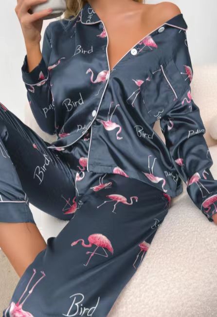 Woman pajamas Sweet Luxury 5050 Artificial Silk Lapel Long Sleeve Trousers Home Wear Two-piece Suit