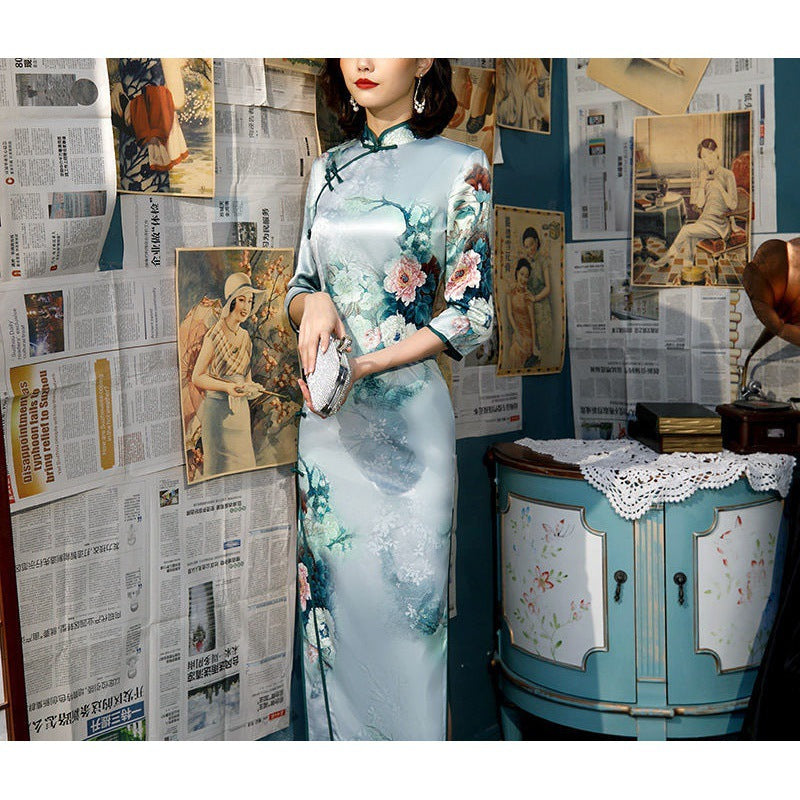 Republic Of China Style Three-quarter Sleeve Double-layer Silk Cheongsam Dress