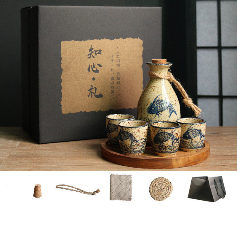 Japanese Retro Sake Wine Warmer Gift Box Set Hot Wine Shochu Pot Ceramic Wine Cup White Wine Household Wine Glass