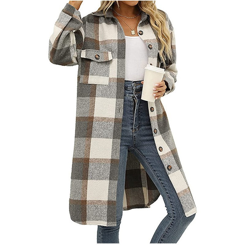 Woman’s coat Plaid Lapel Button Woolen Casual Trench Coat