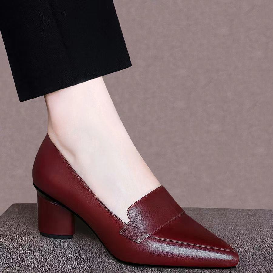 Genuine Leather women shoes Thick Heel Single Shoes Women Mid-heel Pointed Toe Women's Shoes Pumps Double Brown