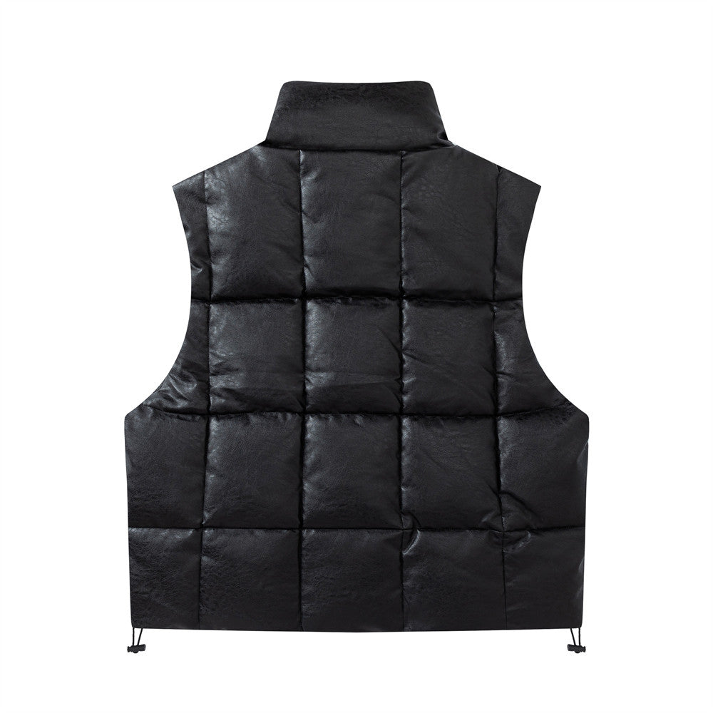 Women vest Loose Zip Stand Collar Sleeveless Leather Vest