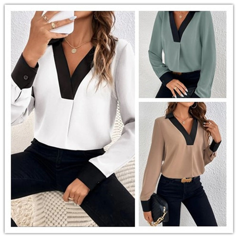 Women's shirt V-collar Contrast Color Casual Shirt