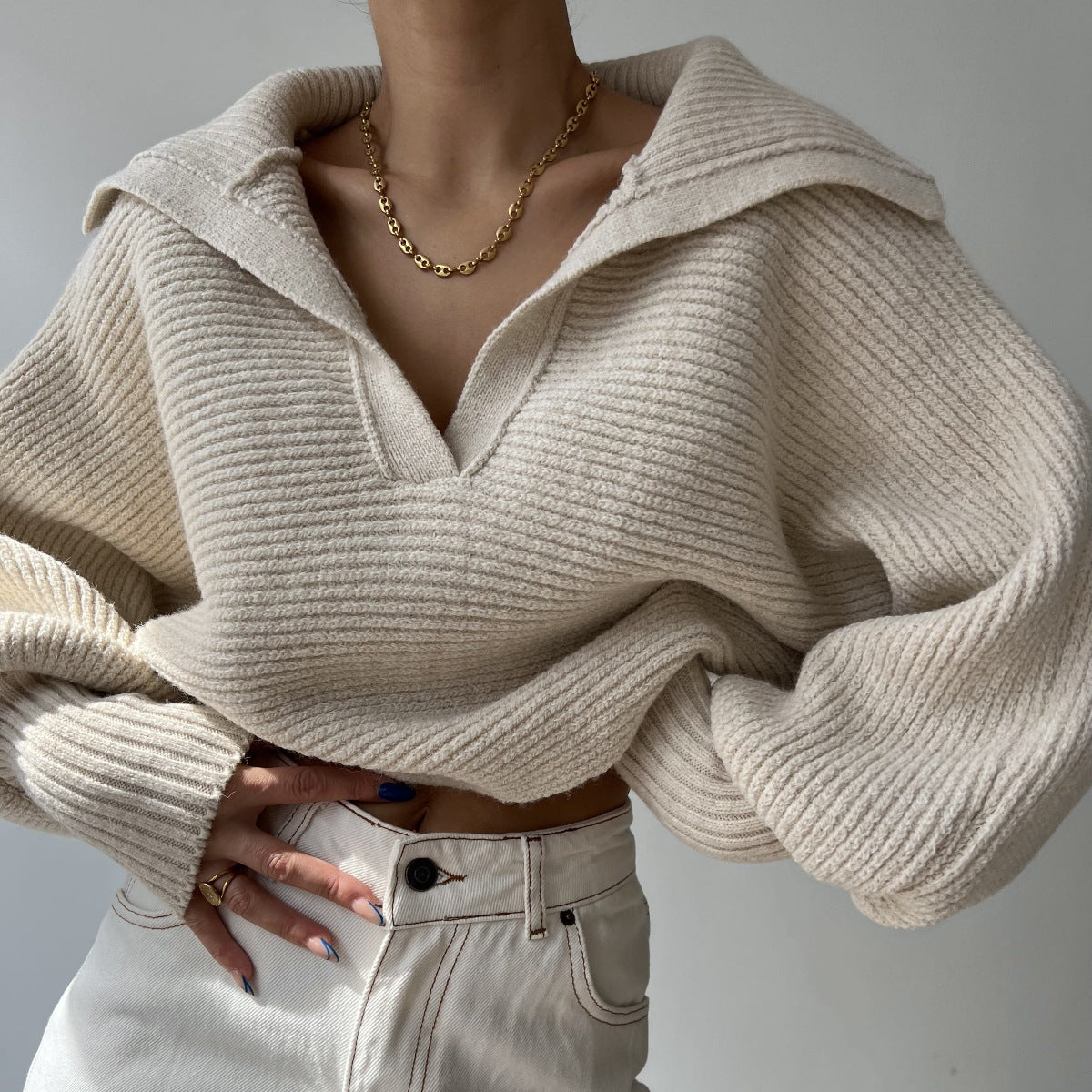 Woman sweater Spring And Autumn New Knitted Sweater Sweater Lapel Pullover Women's Top