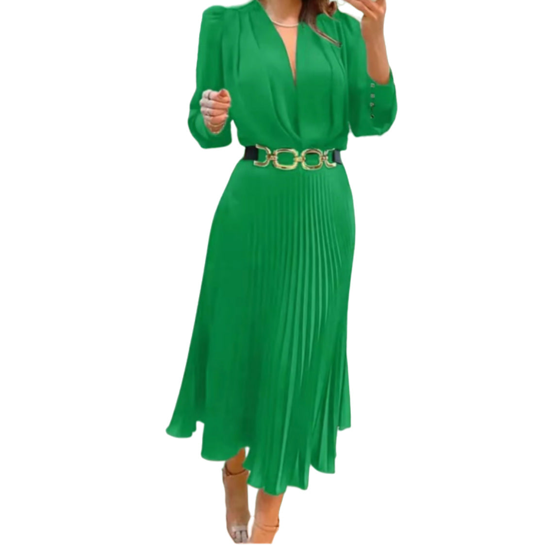 Women's V-neck Long Sleeve Solid Color Pleated Waist Dress