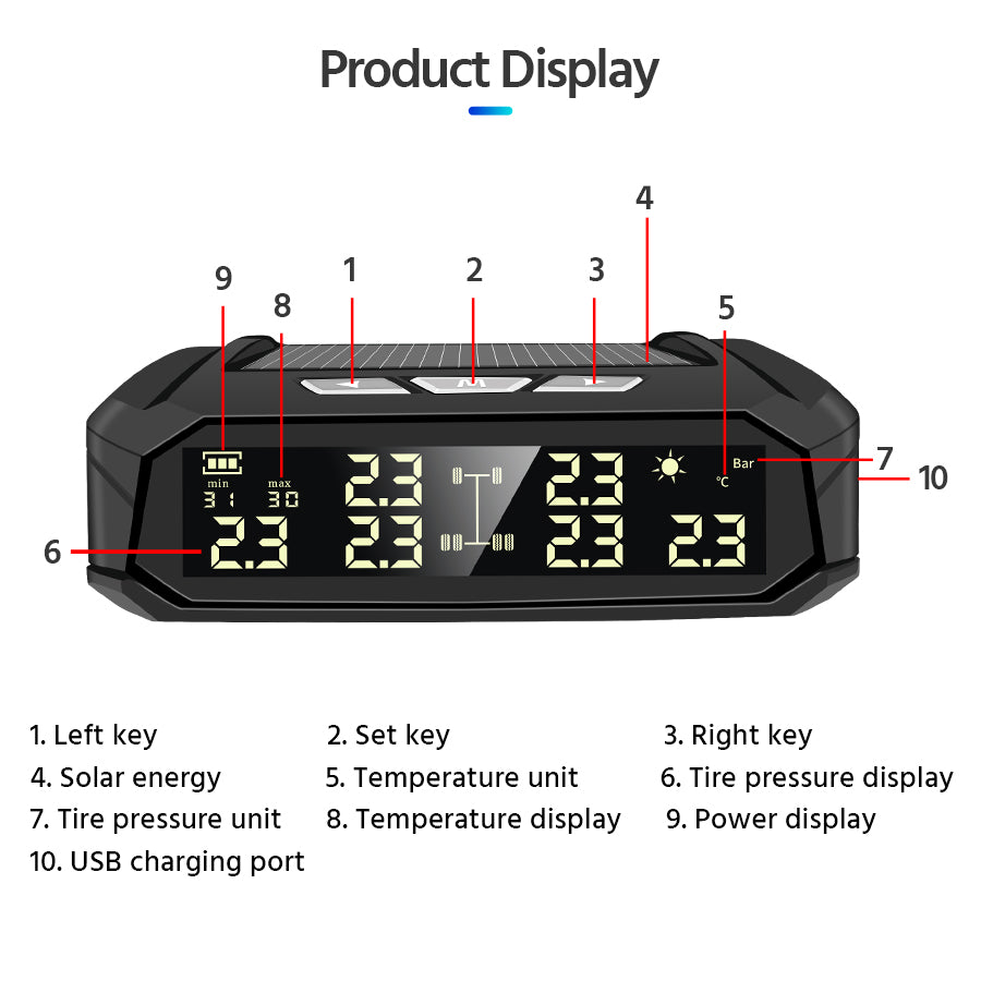 Solar External Tire Pressure Monitor 6 Tire Vans RV Trucks