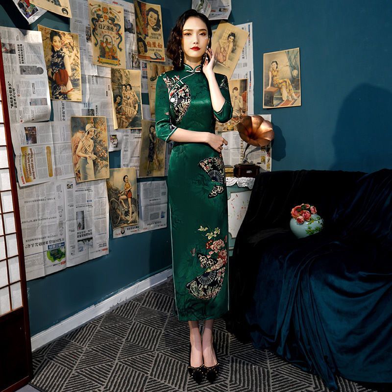 Republic Of China Style Three-quarter Sleeve Double-layer Silk Cheongsam Dress