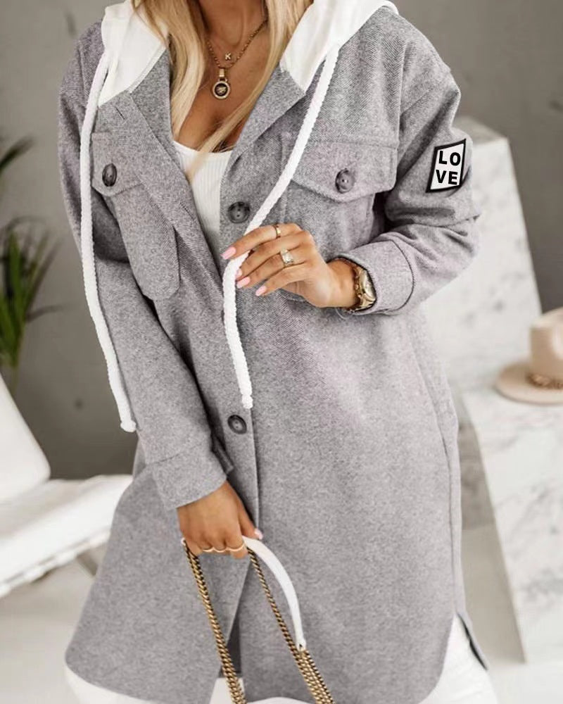 Woman’s fashion sleeve coat Hooded Button Long Sleeve Coat For Women