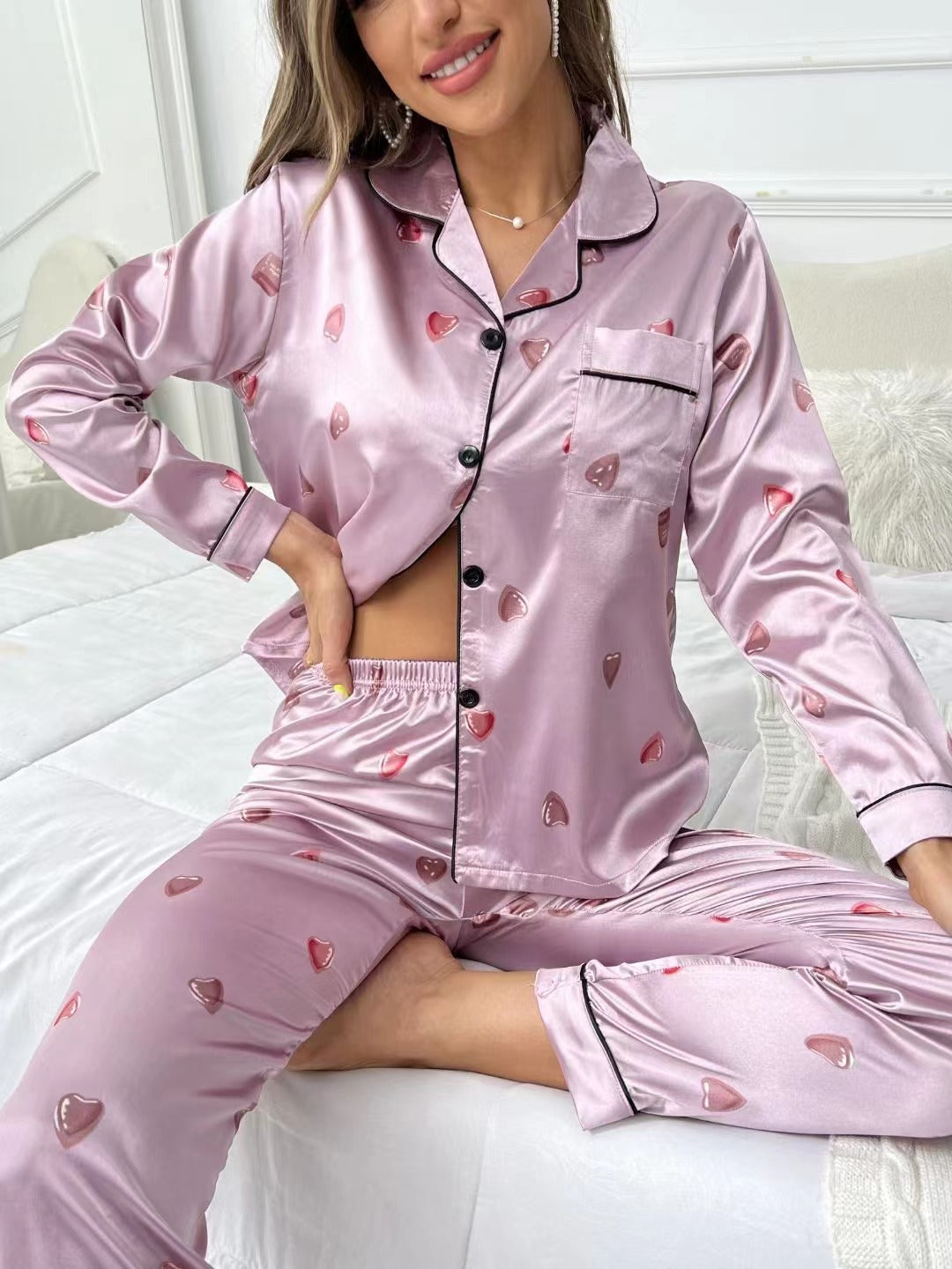 Woman pajamas Sweet Luxury 5050 Artificial Silk Lapel Long Sleeve Trousers Home Wear Two-piece Suit