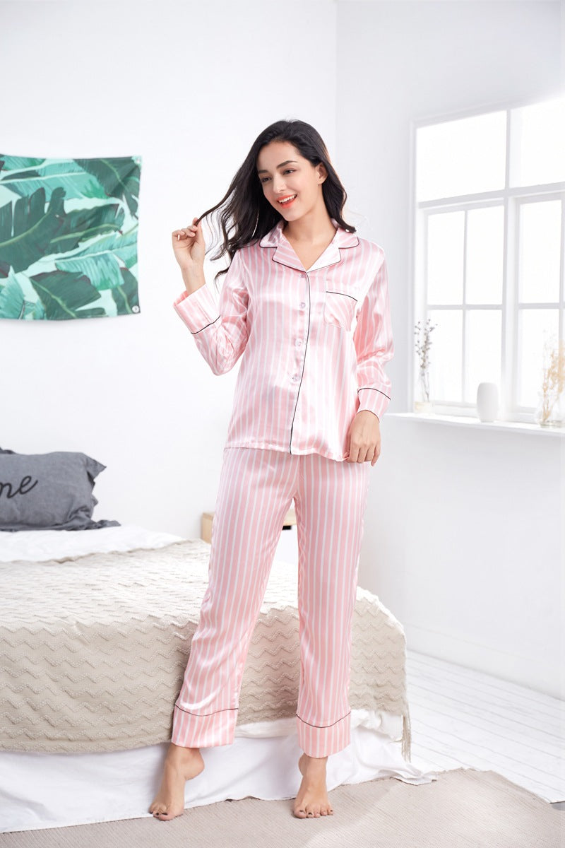 Female pajas New Striped Casual Homewear Korean Style Thin Long-sleeved Trousers Suit